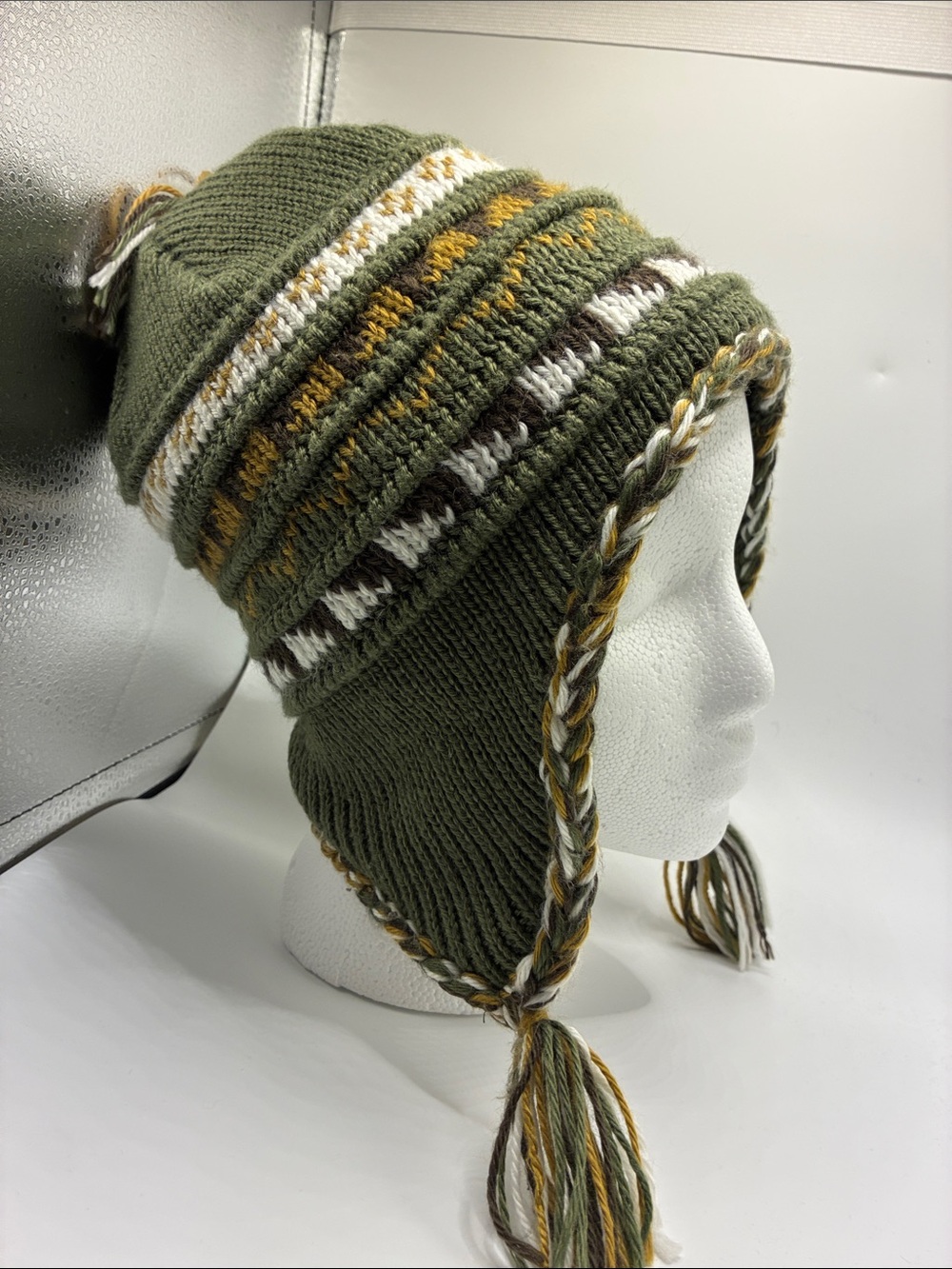 Broner Peruvian Knit Hat in Olive Green & Shades of Fall, Fleece Lined